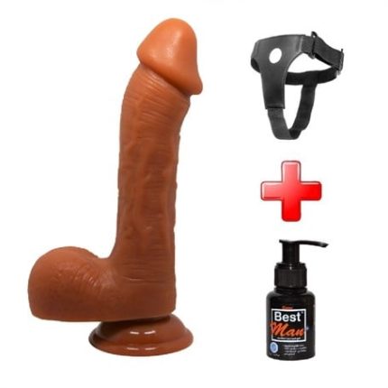23,5 Cm Realistik Vantuzlu Melez Dildo Penis + Kemer + Kayganlaştırıcı Hediyeli