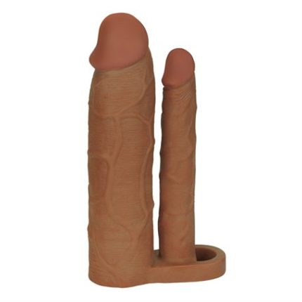 6 Cm Uzatmalı Çiftli İçi Boş Testis Kavramalı 21 Cm Çatal Dildo Melez Penis Kılıfı